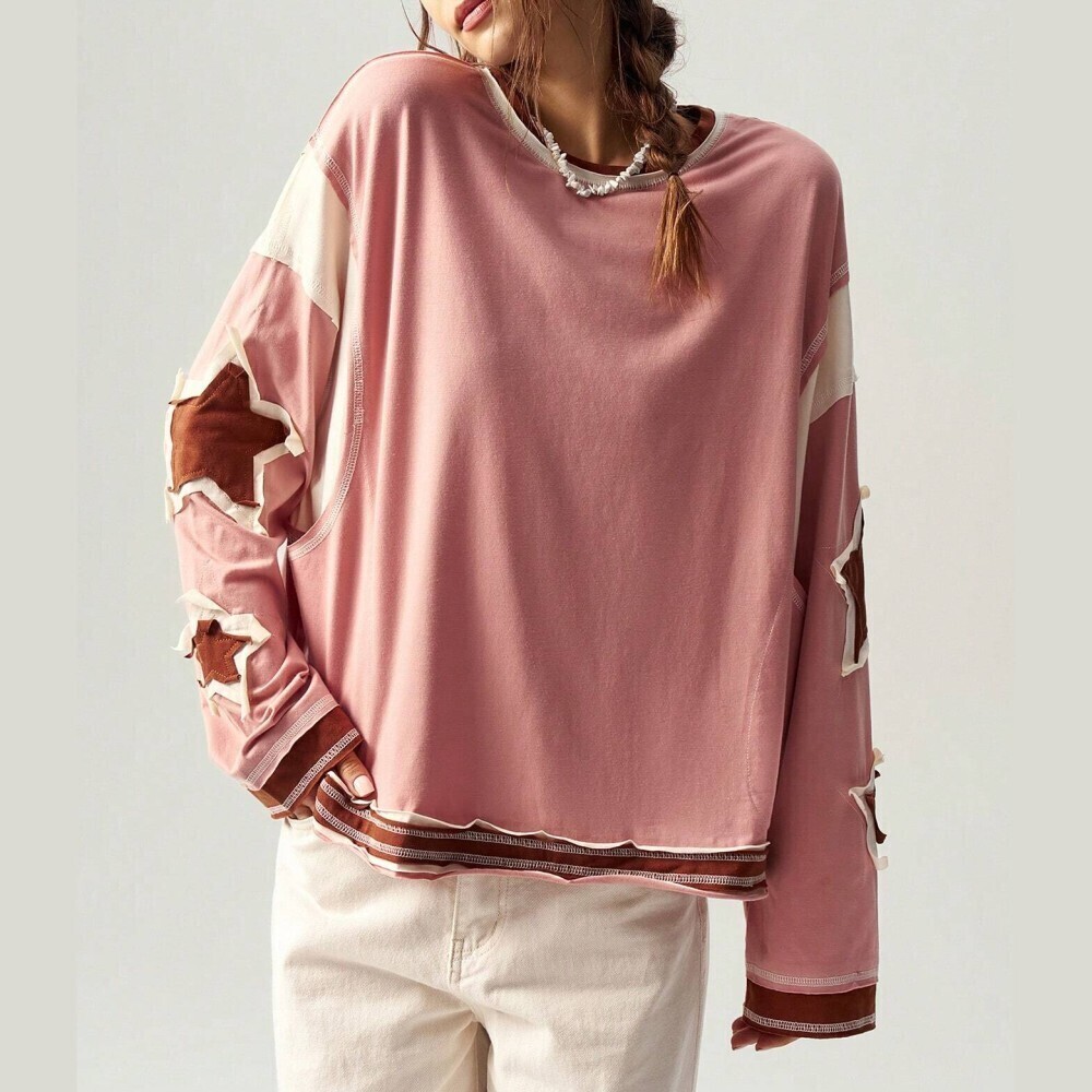 Dusty Pink Star Patch Colorblock Raw Hem Oversized Long Sleeve Tee